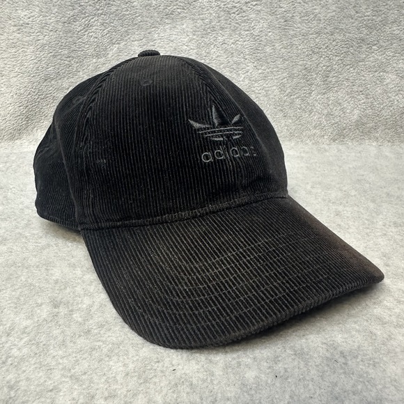 Adidas Hat Cap Strap Back Corduroy Black Trefoil Embroidered Mens‎ One Size Logo - Picture 1 of 11